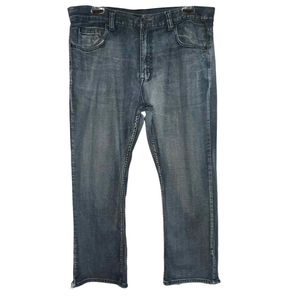 Flypaper Boot Cut Jeans Mens 38x30 Blue Distressed Frayed Hem Embroidered Pocket